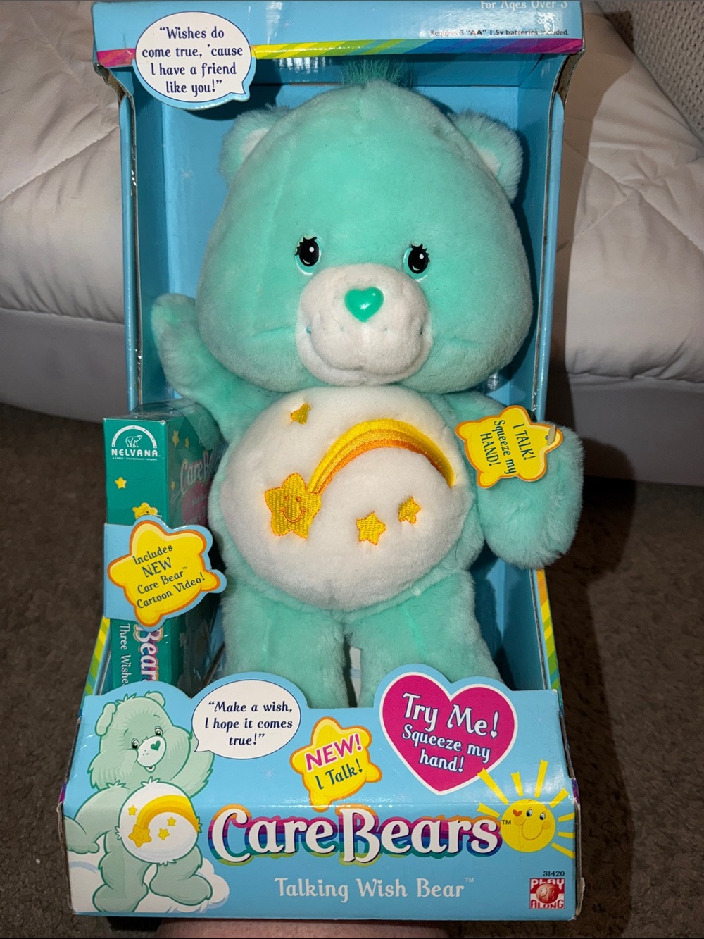 Vintage BNIB Care Bears Talking Wish Bear Plush - Mint Green & Yellow Star Belly
